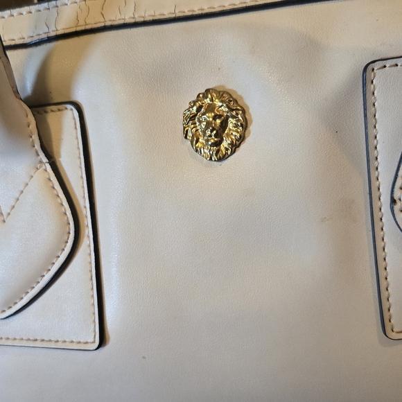 Anne Klein Cream Leather Satchel Bag Gold Logo Charm Top Handle Crossbody Strap - Picture 6 of 10